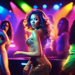 A vibrant nightclub scene featuring attractive women dancing and enjoying themselves