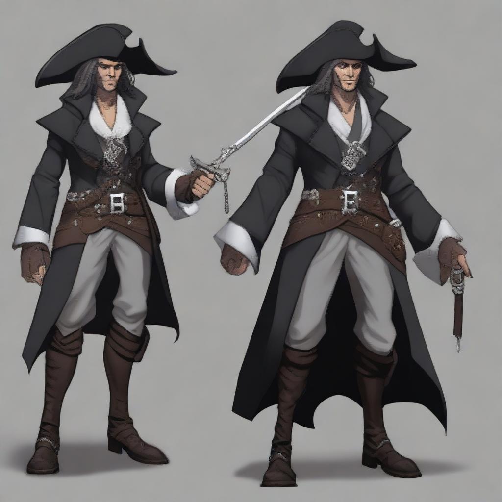 A Changeling Rogue (Swashbuckler) dressed in a sleek, black pirate outfit adorned with silver accents and buckles