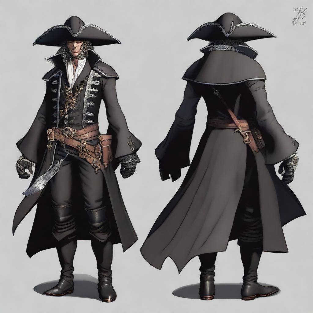 A Changeling Rogue (Swashbuckler) dressed in a sleek, black pirate outfit adorned with silver accents and buckles