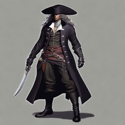 A Changeling Rogue (Swashbuckler) dressed in a sleek, black pirate outfit adorned with silver accents and buckles