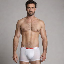 A man with a slightly hairy body wearing Hanes boxers.