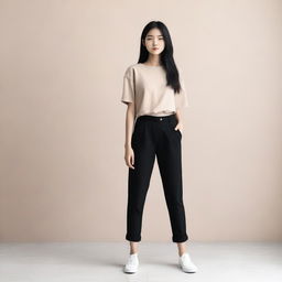 A girl wearing black pants, standing in a neutral pose