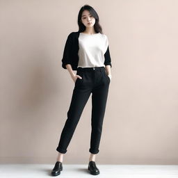 A girl wearing black pants, standing in a neutral pose