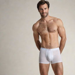 A man with a slightly hairy body wearing Hanes boxers.