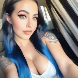 A 23-year-old Latina female model with striking blue eyes and long blue hair