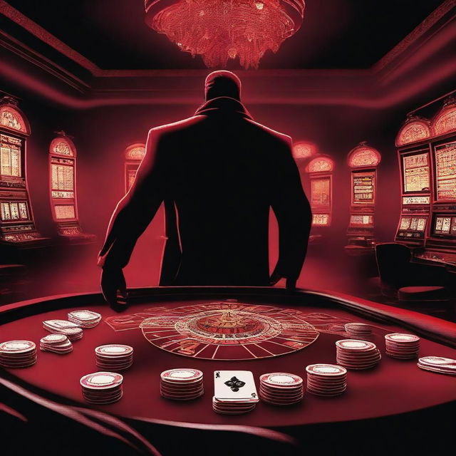 A dramatic scene depicting a casino with an ominous atmosphere