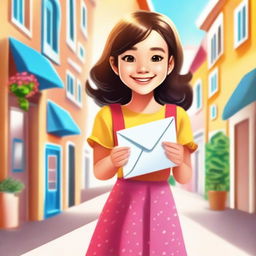 A young girl holding an envelope with a smile on her face