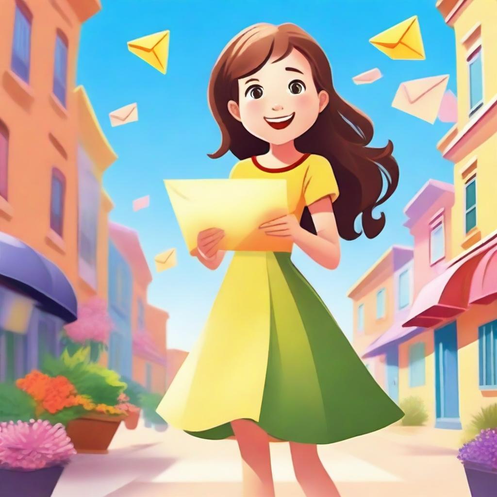 A young girl holding an envelope with a smile on her face