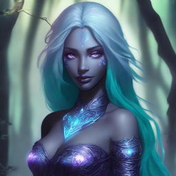 A Drow female with long flowing teal-colored hair and striking purple eyes