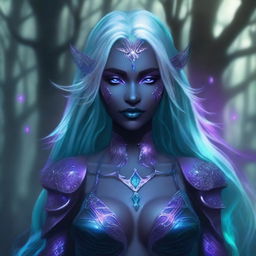 A Drow female with long flowing teal-colored hair and striking purple eyes