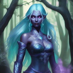 A Drow female with long flowing teal-colored hair and striking purple eyes