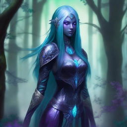 A Drow female with long flowing teal-colored hair and striking purple eyes