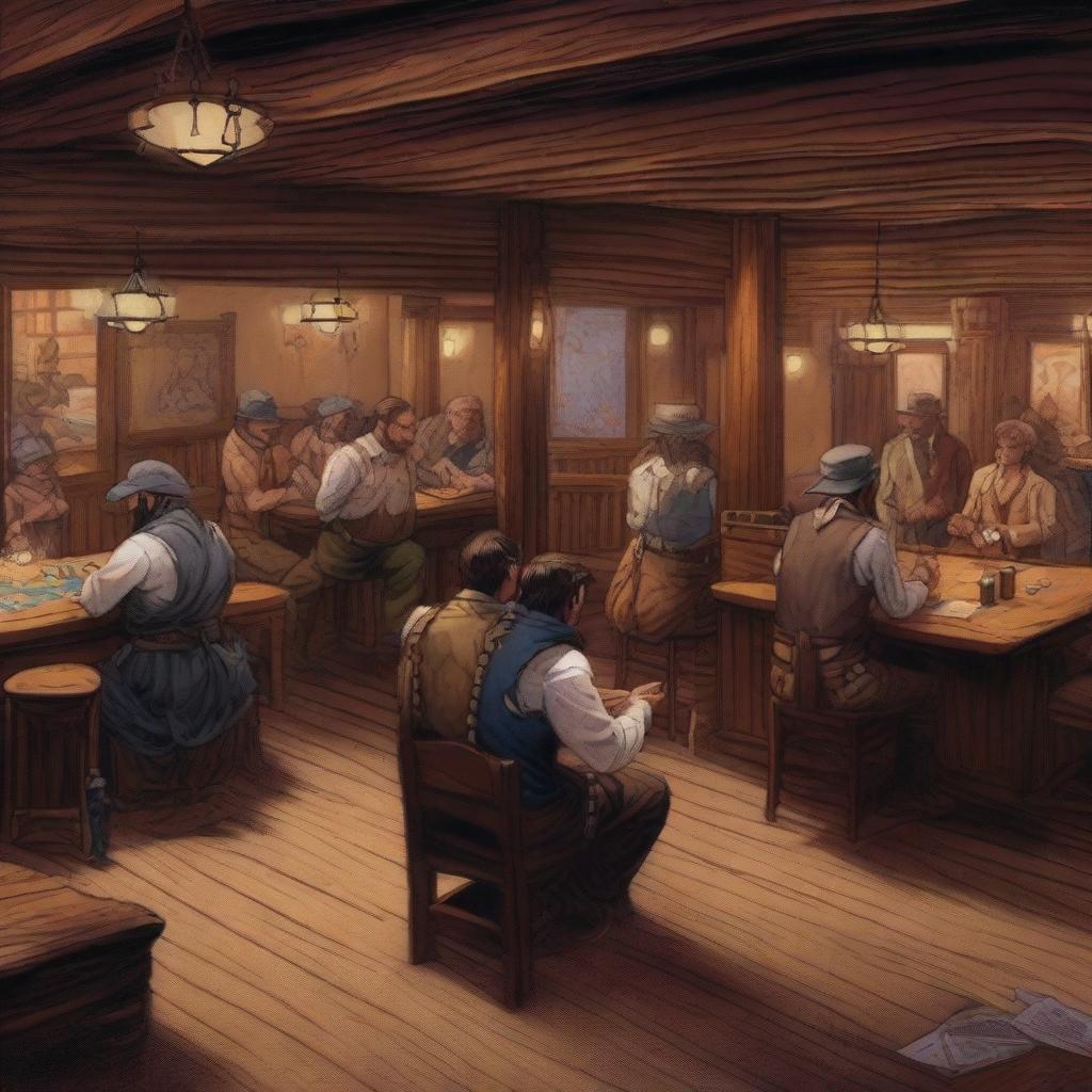 A detailed Dungeons and Dragons style western saloon filled with old, grizzled bar patrons drinking and playing card games