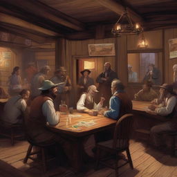 A detailed Dungeons and Dragons style western saloon filled with old, grizzled bar patrons drinking and playing card games