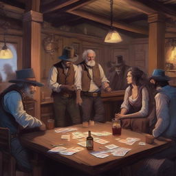 A detailed Dungeons and Dragons style western saloon filled with old, grizzled bar patrons drinking and playing card games