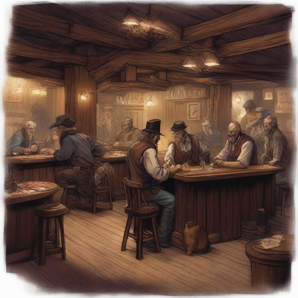 A detailed Dungeons and Dragons style western saloon filled with old, grizzled bar patrons drinking and playing card games