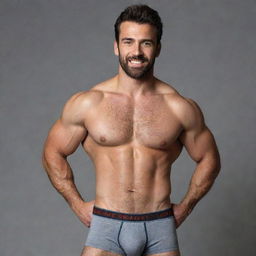 A super strong man with a slightly hairy body wearing Hanes boxers, showcasing his muscular physique.