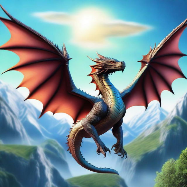 A majestic dragon soaring through the sky, its scales shimmering in the sunlight