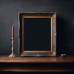 A vintage art frame mockup displayed horizontally on a small desk