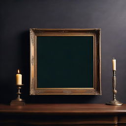 A vintage art frame mockup displayed horizontally on a small desk