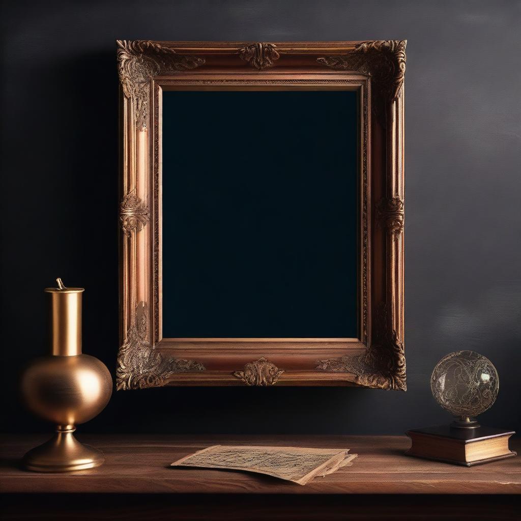 A vintage art frame mockup displayed horizontally on a small desk