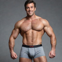 A super strong man with a slightly hairy body wearing Hanes boxers, showcasing his muscular physique.