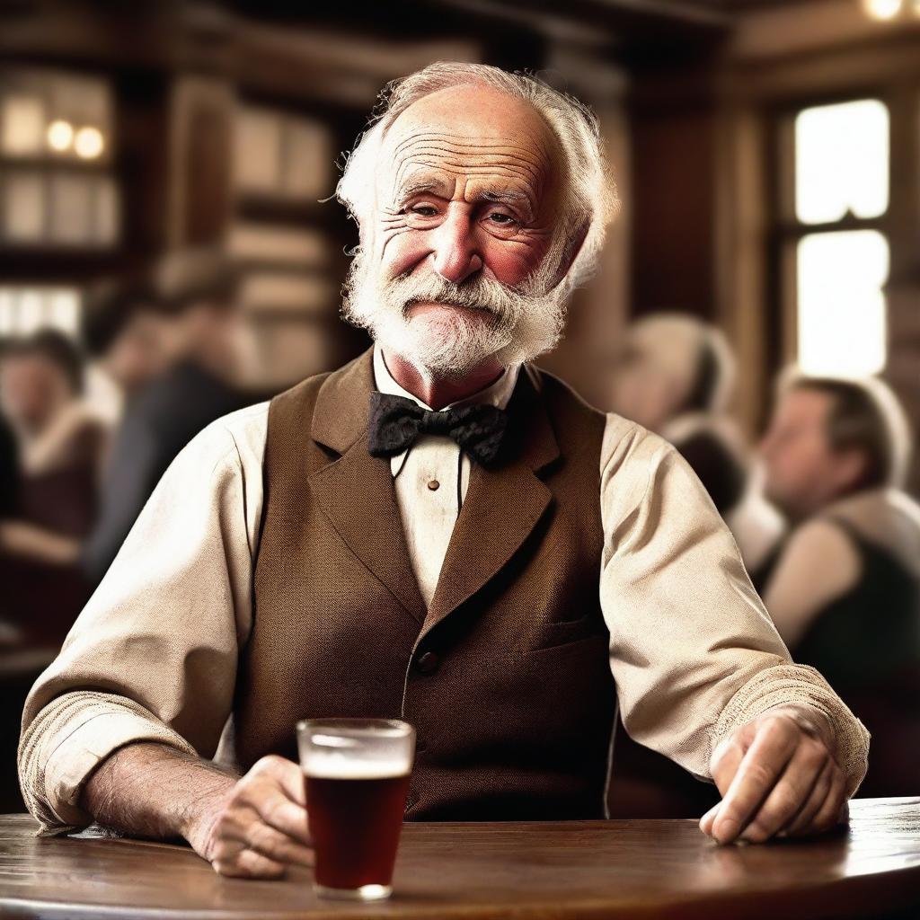 A western style saloon bartender, old and grizzled, serving a round of beers to a table of patrons