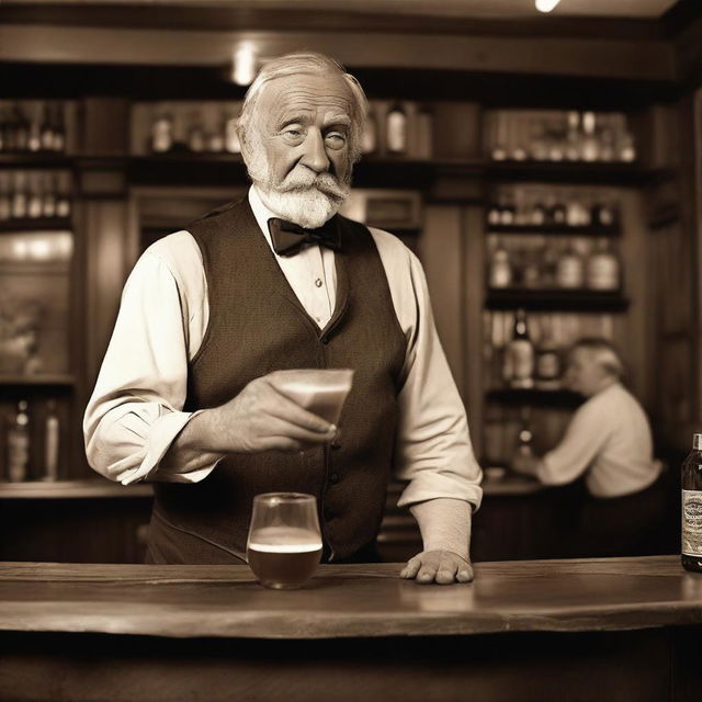 A western style saloon bartender, old and grizzled, serving a round of beers to a table of patrons