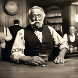 A western style saloon bartender, old and grizzled, serving a round of beers to a table of patrons