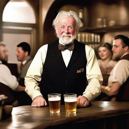 A western style saloon bartender, old and grizzled, serving a round of beers to a table of patrons