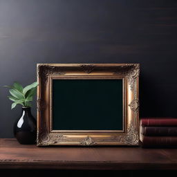 A vintage art frame mockup with dimensions 5x7 inches, displayed horizontally on a small desk