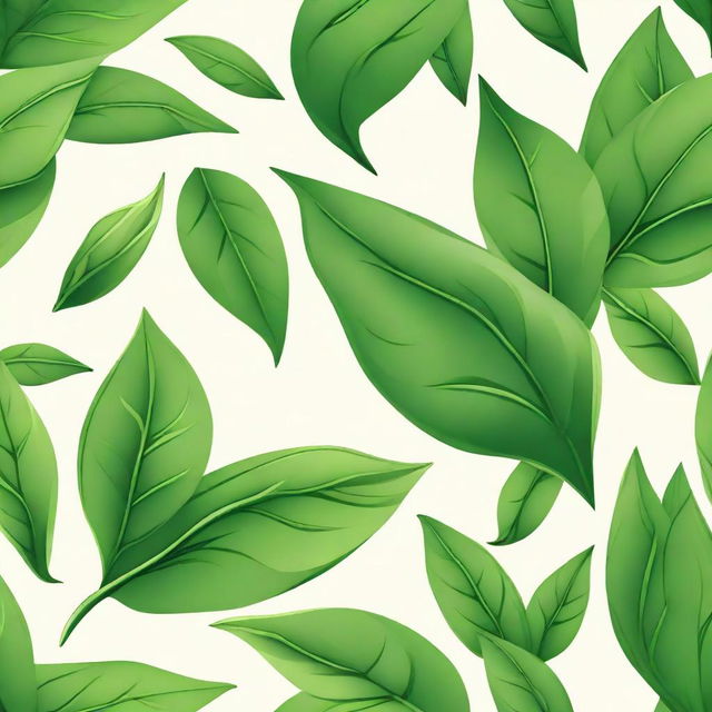 A detailed illustration of fresh tea leaves, showcasing their vibrant green color and intricate texture