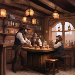 A Dungeons & Dragons style western saloon bartender serving a round of beers to a table