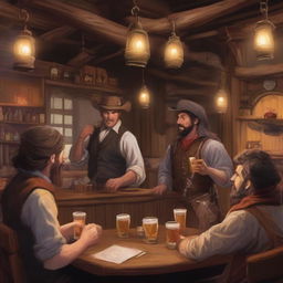 A Dungeons & Dragons style western saloon bartender serving a round of beers to a table