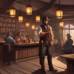 A Dungeons & Dragons style western saloon bartender serving a round of beers to a table