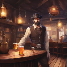 A Dungeons & Dragons style western saloon bartender serving a round of beers to a table