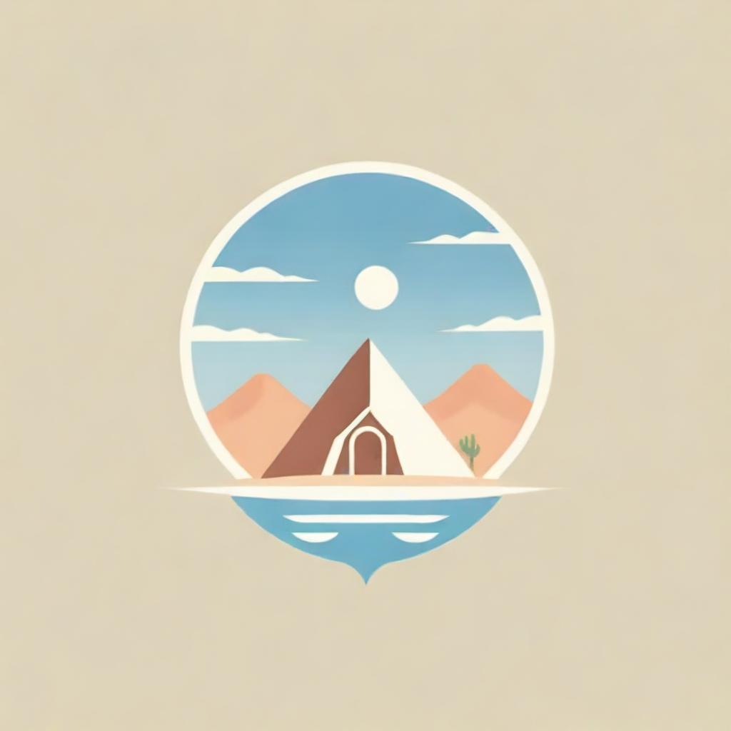 Logo design with elements featuring a desert, a hut, and a swimming pool