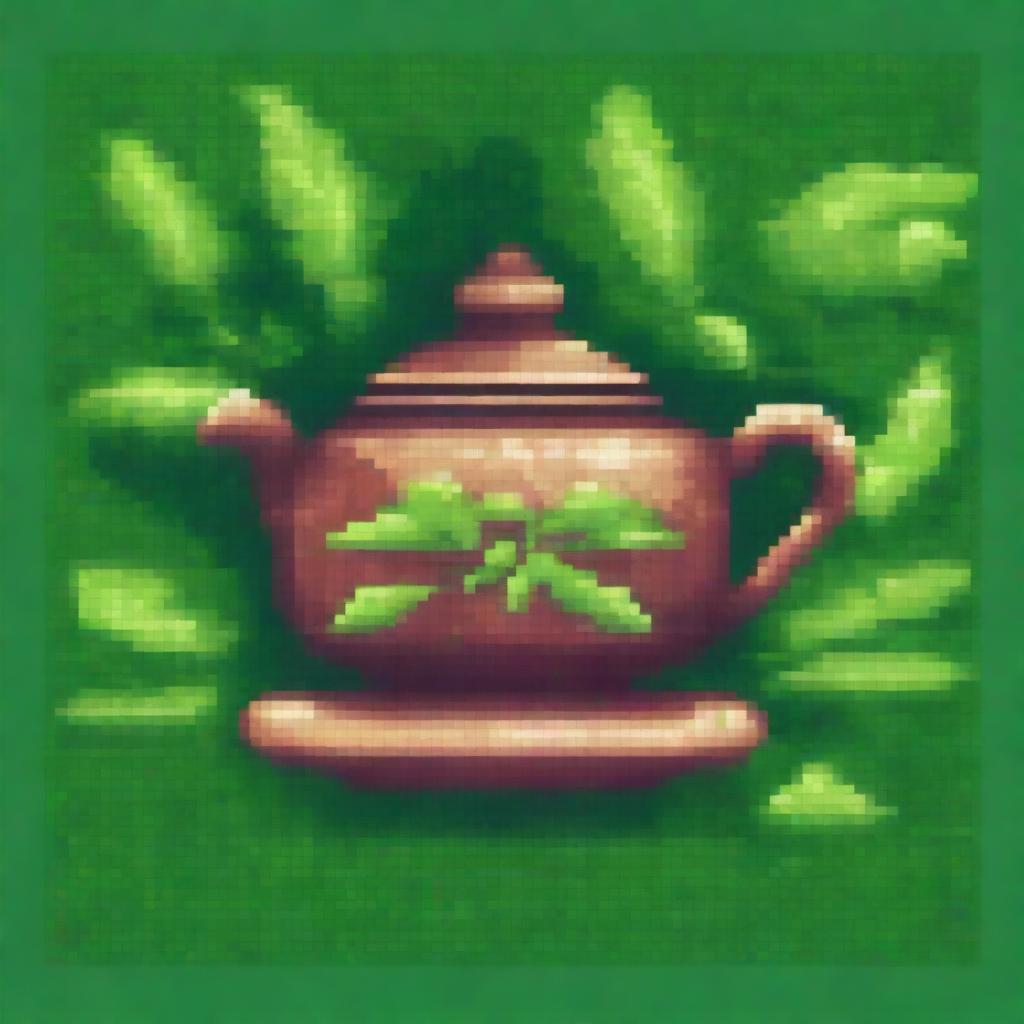 A detailed image of tea leaves, pixelated in style, with vibrant green hues and intricate patterns