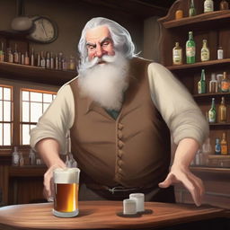 An elvish old fat grizzled saloon bartender serving a round of beers to a bar table