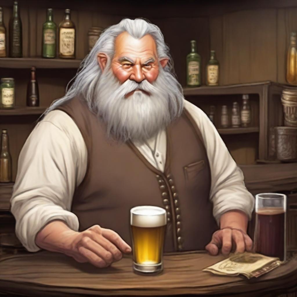 An elvish old fat grizzled saloon bartender serving a round of beers to a bar table