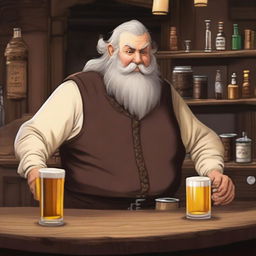 An elvish old fat grizzled saloon bartender serving a round of beers to a bar table