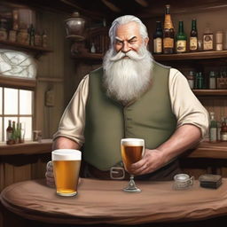 An elvish old fat grizzled saloon bartender serving a round of beers to a bar table