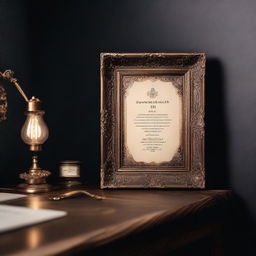 A vintage art frame mockup with dimensions of either 7x5, 8x6, or 17x11 inches, displayed horizontally on a small desk