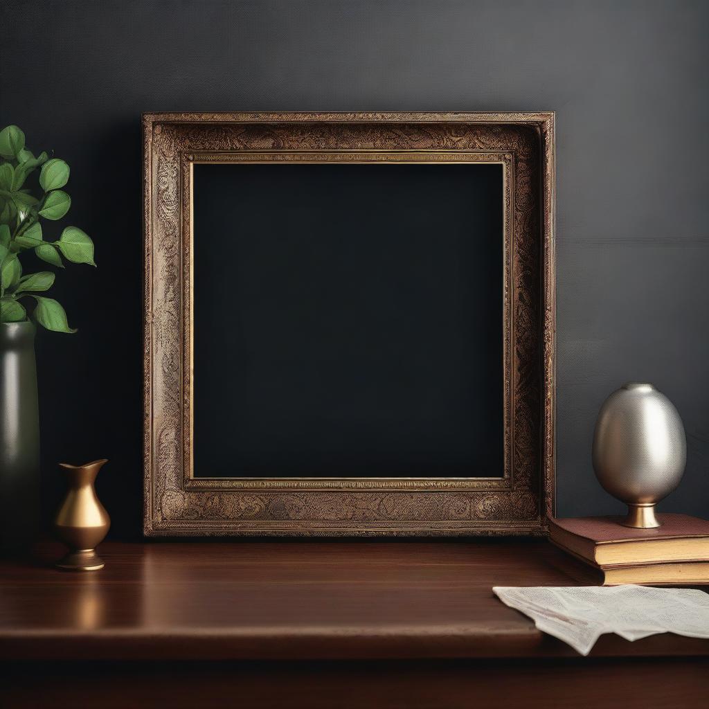 A vintage art frame mockup with dimensions of either 7x5, 8x6, or 17x11 inches, displayed horizontally on a small desk