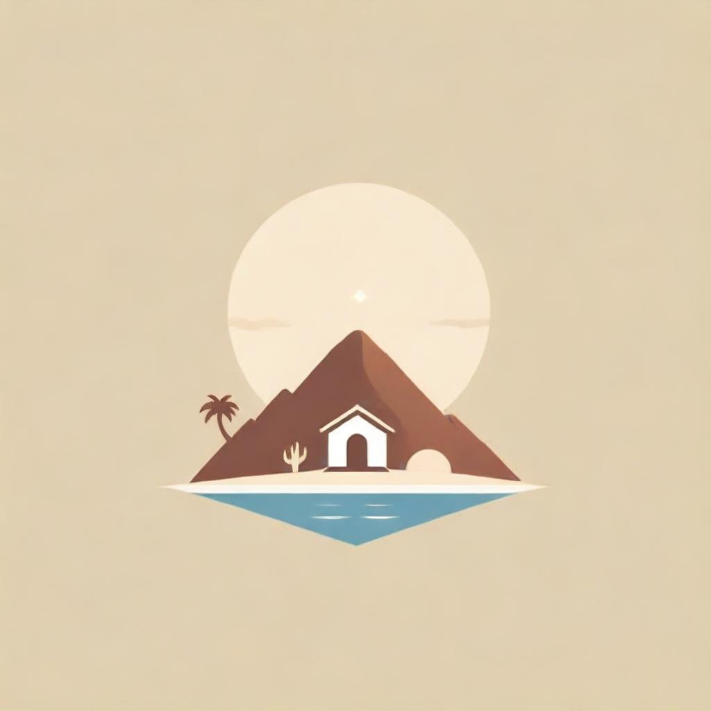 Logo design with elements featuring a desert, a hut, and a swimming pool