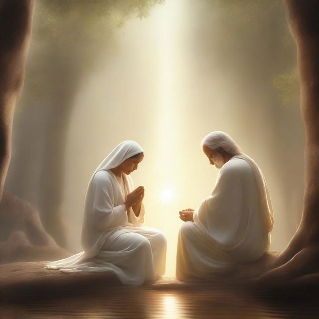 A serene and peaceful scene depicting individuals being comforted by a divine presence