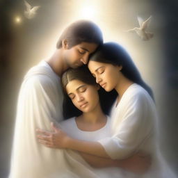 A serene and peaceful scene depicting individuals being comforted by a divine presence