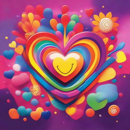 A vibrant and joyful scene featuring a heart radiating happiness