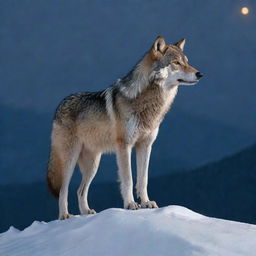 A majestic, detailed image of a grey wolf standing on a snowy mountain peak in the moonlight.