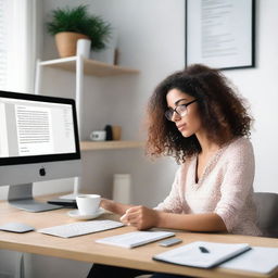 A woman sitting at a computer, focused on creating an ebook